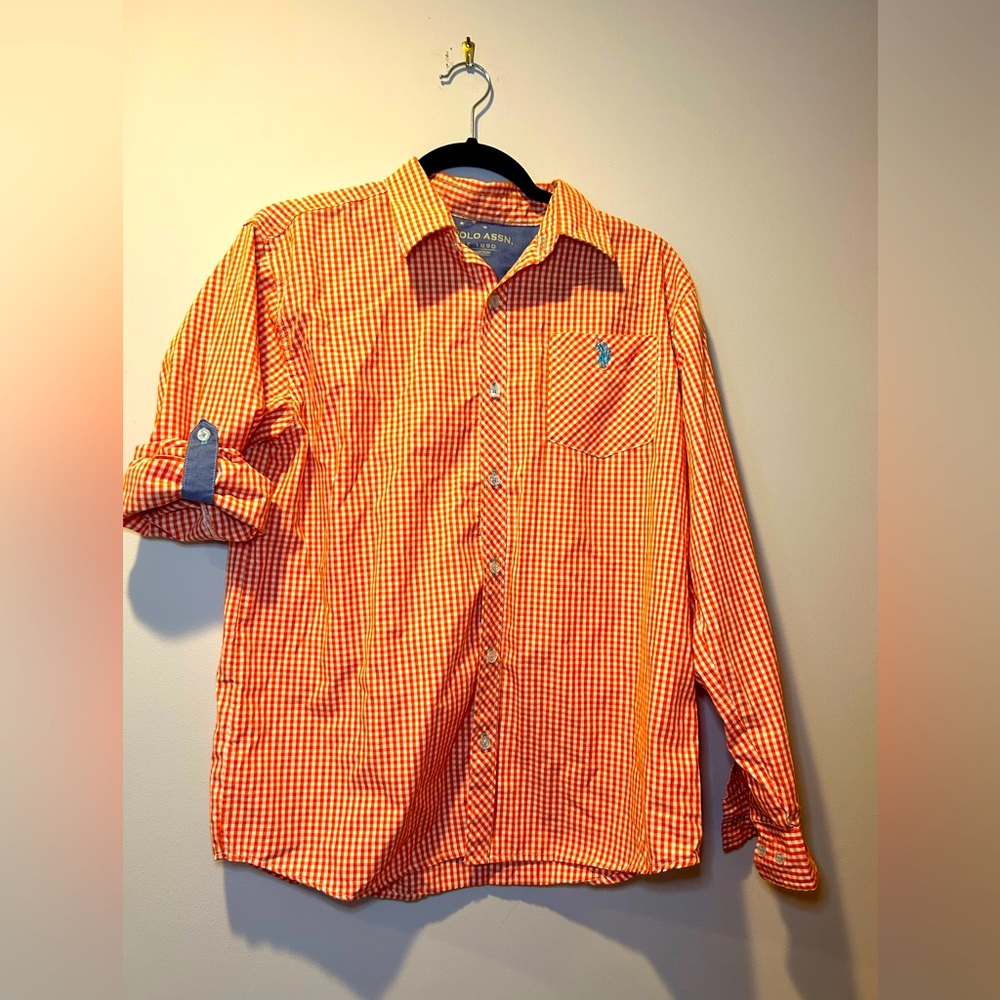 Boys Size 18 Polo Cotton Orange & White Gingham Short & Long Sleeve Button‎ Down